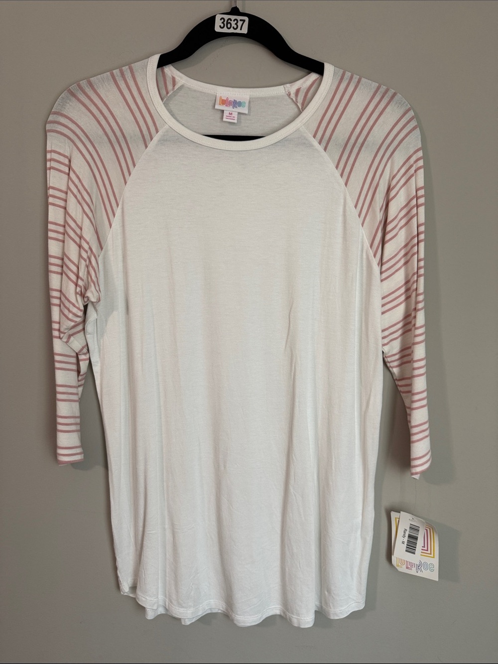 LuLaRoe White Raglan Top with Pink Striped Sleeves - 3/4 Length